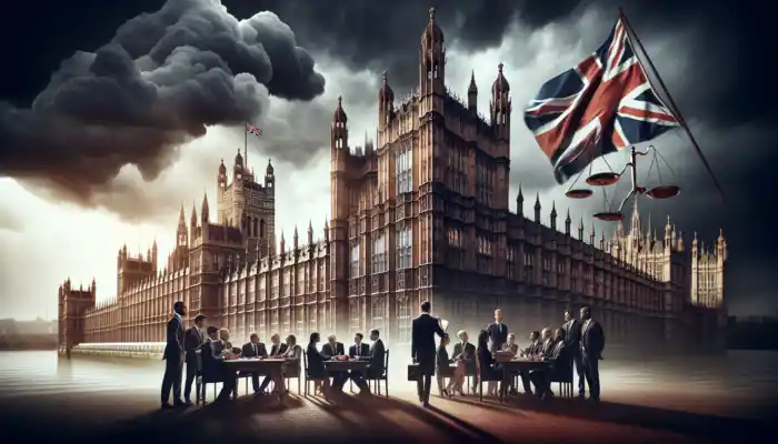 Illustration of Houses of Parliament under a dramatic sky, featuring a fluttering Union Jack, an open law book, scales of justice, and debating professionals.
