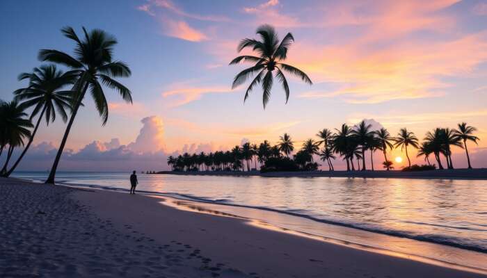 A tranquil Belize beach at sunset with palm trees and a traveller enjoying the peaceful atmosphere, symbolising safety for visitors.