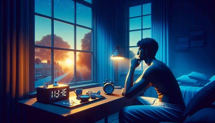 A relaxed person in a British home sits by a window with an empty plate, checking the clock at 8 AM for a cortisol blood test, with a soft sunrise.