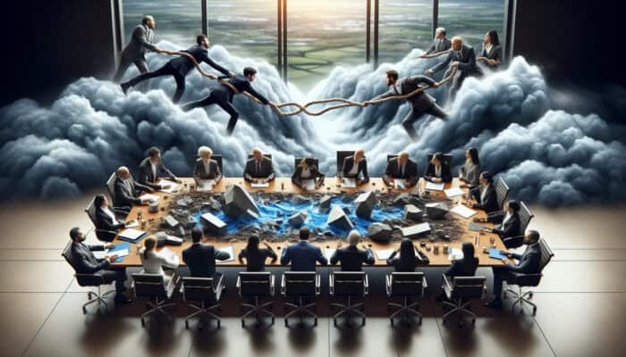 Executives in suits debate across a cluttered boardroom table, surrounded by storm clouds, broken bridges, and divided teams symbolising renewal challenges.