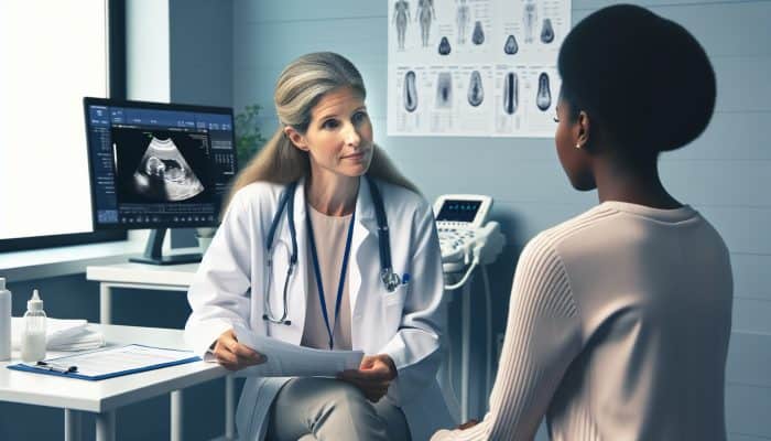 A female GP in a modern UK clinic consults with a patient about her irregular periods, reviewing charts and tests near an ultrasound machine.