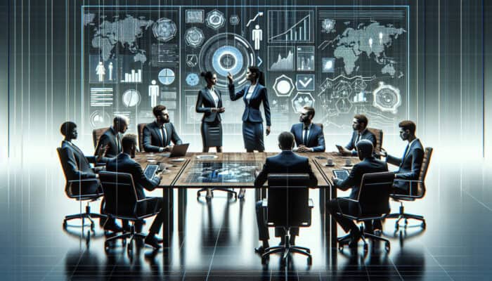 Negotiators in a boardroom analyzing data on screens, discussing BATNA with gestures, using software amid charts and documents.