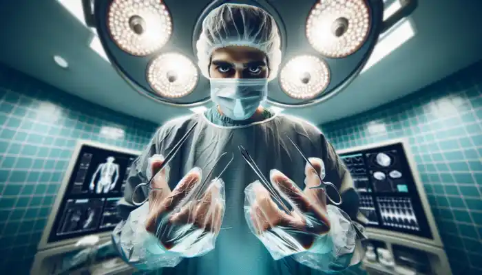 Benefits and Uses of Disposable Oversleeves: Close-up of a surgeon in a UK hospital operating room, wearing glistening polyethylene oversleeves for protection while handling tools.