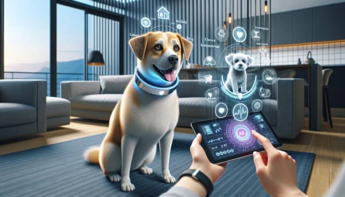 A joyful dog adorned with a futuristic AI collar in a contemporary home, while a tablet displays holographic activity insights, held by a delighted owner.