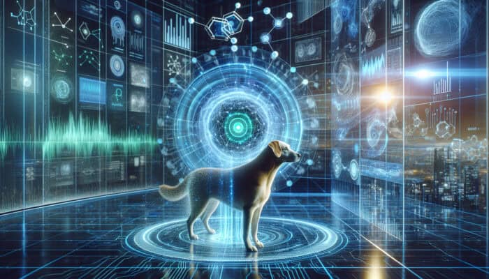A curious dog in a high-tech lab, surrounded by glowing blue and green holographic neural networks analysing behaviour and processing data graphs.