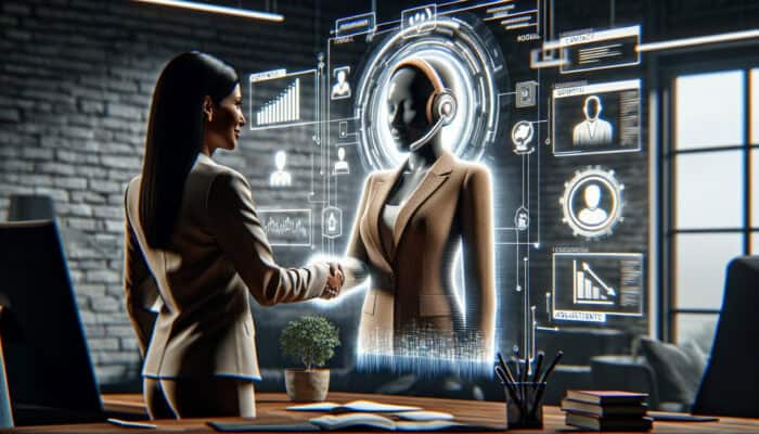 A diverse businessperson in a modern office shakes hands with a virtual assistant avatar on a screen, surrounded by digital contracts and charts.