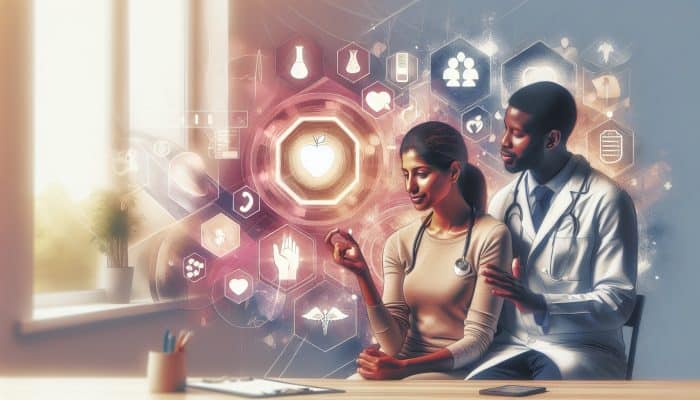 A middle-aged woman consults a doctor in a Luton clinic about menopause test results, as he points to charts on a screen.