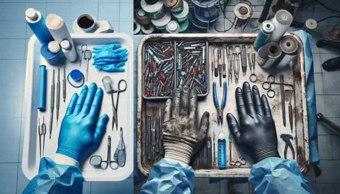 Nitrile Gloves in Hitchin: Disposable blue nitrile gloves on a hospital tray with tools, and reusable black gloves on a worker in an industrial setting.