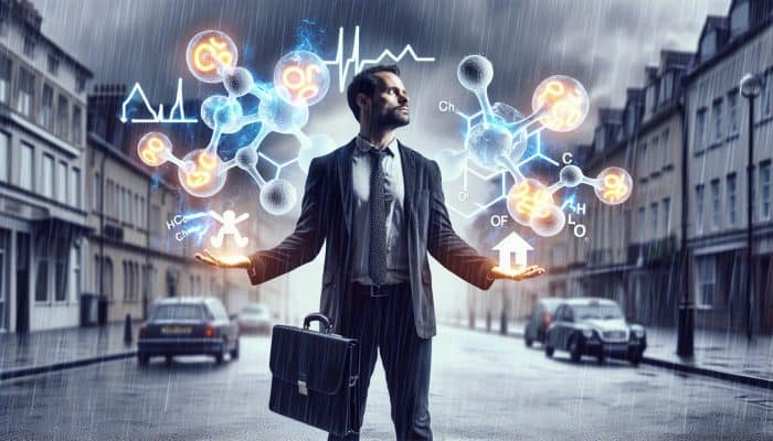 Can High Cortisol Levels Cause Skin Issues: A stressed professional juggles work documents and family icons on a rainy London street, with glowing cortisol molecules in veins, symbolising health impacts.