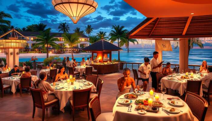 A vibrant all-inclusive resort dining scene featuring a gourmet restaurant, a casual buffet of local dishes, and a romantic beachside dinner setup, with diverse guests enjoying meals and attentive waitstaff providing service.