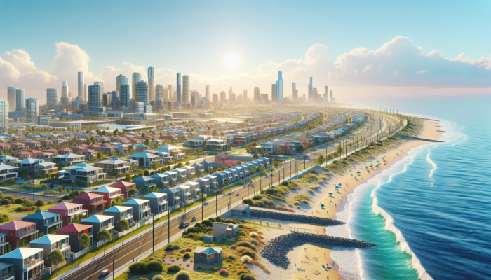 Vibrant coastal scene in Kempton Park: affordable homes along the shoreline, with upgraded roads, public transport, schools, parks, and shopping centers under a sunny sky.