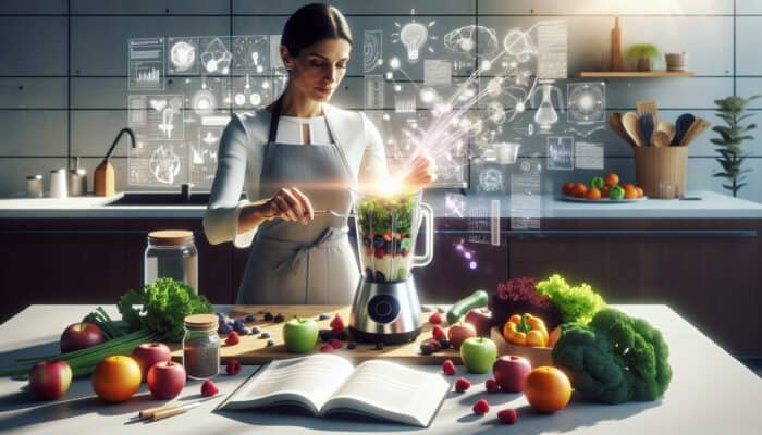 Nutritionist in sunlit kitchen blending fresh kale, berries, and chia seeds in sleek blender, surrounded by organic fruits, vegetables, and health books.