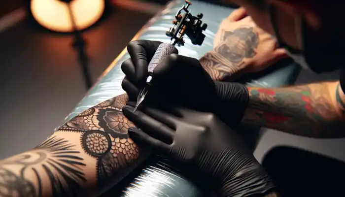 Tattoo artist in a modern UK salon wearing black nitrile gloves, handling sharp needles for an intricate arm design safely.