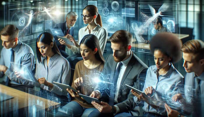 A diverse team collaborates in a high-tech office, sharing digital documents on tablets and screens with holographic data streams.
