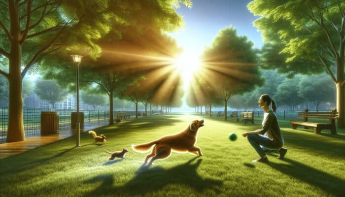 Pet owner watches focused dog fetch ball in sunny park, showing improved engagement from brain supplements, with trees and squirrels nearby.