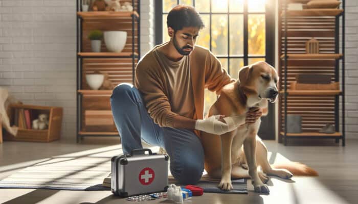 A pet owner kneels beside an injured dog in a sunlit home, applying a bandage from a first aid kit, showing concern and relief.