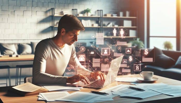 Debt Consolidation After Divorce or Separation | DCL A determined person in a modern UK home office, surrounded by financial and divorce documents, reviews debt consolidation on a laptop.