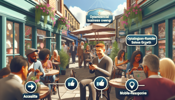 A bustling UK high street scene: Small business owner in a cafe optimises mobile website on smartphone, with customers browsing.