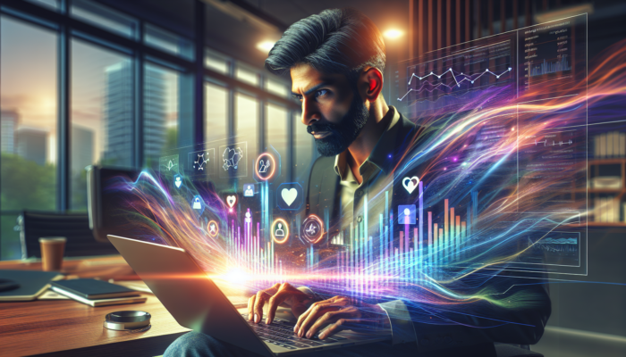 A focused business owner in Kingswood analyses social media metrics on a laptop, showing graphs of likes, shares, comments, and reach from Facebook and Instagram.