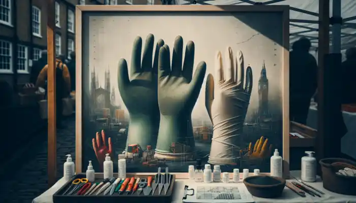A display of various latex gauntlet gloves, including thick, dark green industrial models and thin, white medical gloves showcased on a market stall in Lichfield.