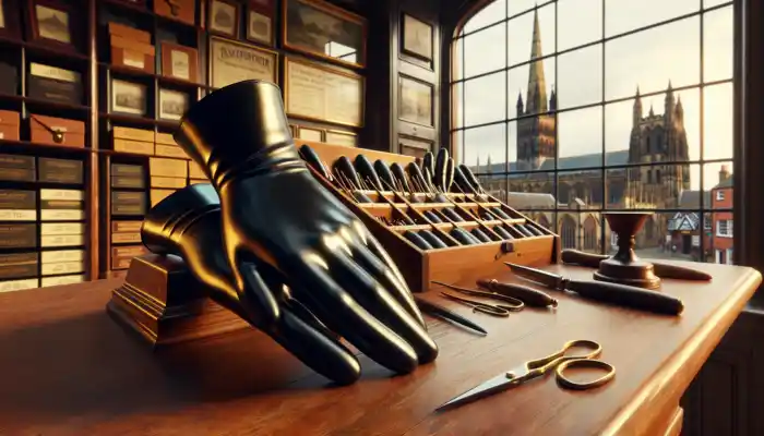 Black latex gauntlet gloves displayed on a wooden counter in a historic Lichfield shop, with a beautiful cathedral spire visible through the window illuminated in golden light.