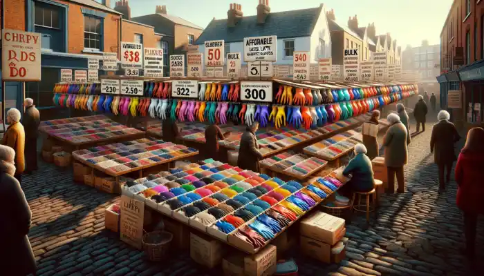 A vibrant market stall in Lichfield showcasing affordable latex gauntlet gloves with discount signs, as shoppers compare prices under clear sunny skies.