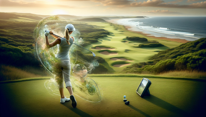 A golfer mid-swing on a lush coastal course in KwaZulu-Natal, using a high-tech swing monitor displaying real-time analytics, with rolling hills, ocean waves, and golden sunset background.