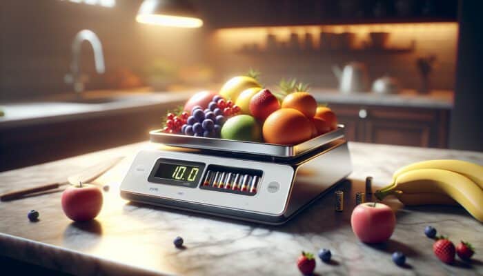 A precise digital kitchen scale on a stable marble countertop, with fresh batteries, weighing vibrant fruits under warm lighting.