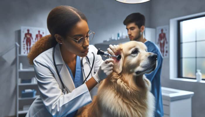 Veterinarian examining a golden retriever's infected ear with an otoscope; visible redness and swelling, dog tilting head, owner looks concerned.