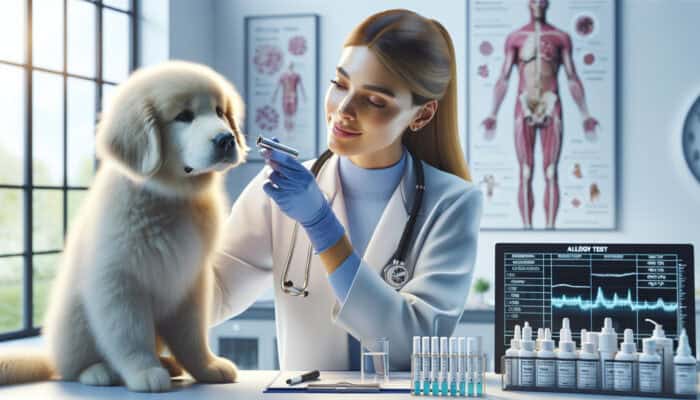 A veterinarian examining a fluffy dog's ear with an otoscope in a clinic, with swabs, cytology slide, and allergy test kits nearby.