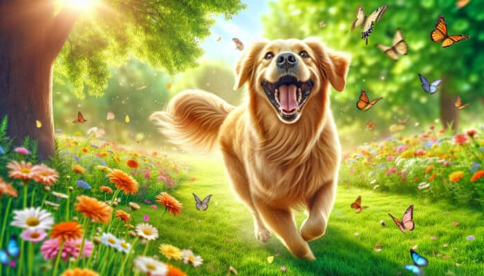 A joyful golden retriever wags its tail energetically in a sunny park, surrounded by green grass, wildflowers, and butterflies.