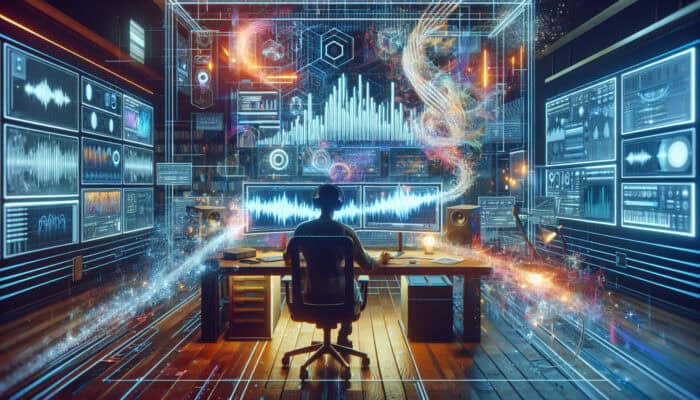 A video editor synchronizes pulsing audio waveforms with rhythmic visual transitions on multiple screens in a vibrant studio.