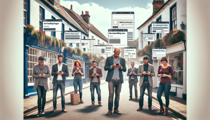 A bustling Painswick street with small business owners viewing mobile-optimised websites on smartphones under a sunny sky.