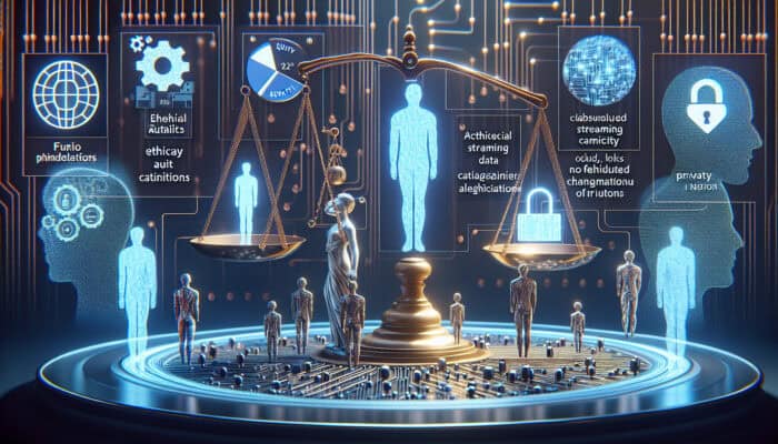 Digital illustration of AI segmenting customer data with a balance scale, diverse figures, locked streams, and a glowing control room.