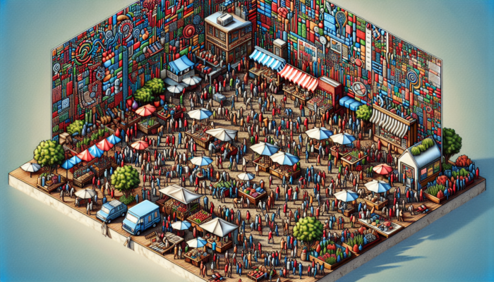 In a bustling market, vendors showcase unique local products and engage crowds at vibrant community events.