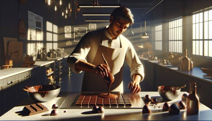 An experienced chocolatier tempers glossy dark chocolate using the tabling technique on a marble slab in a sunlit kitchen.