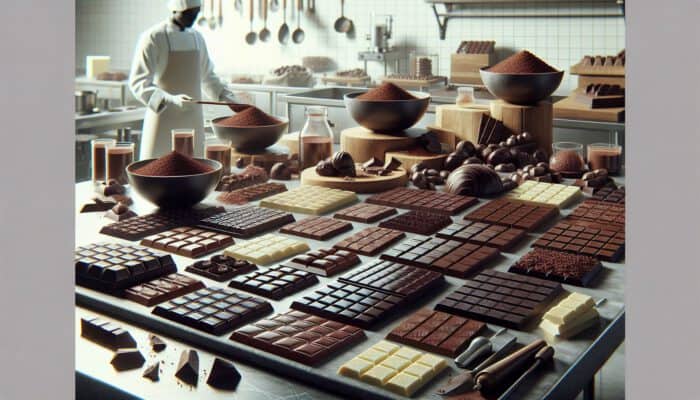 A professional kitchen scene displaying glossy dark chocolate bars, creamy milk blocks, smooth white pieces, and rich couverture on a marble slab, alongside melting tools.
