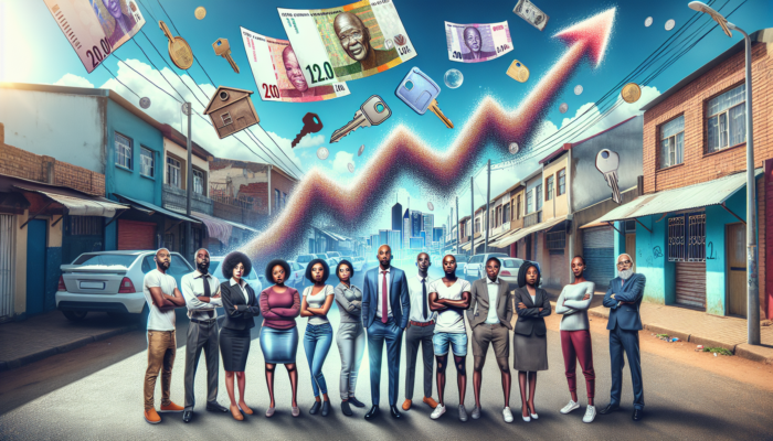 Worried South African buyers in Tembisa street gaze at a rising interest rate graph, with floating currency and keys under a sunny sky.