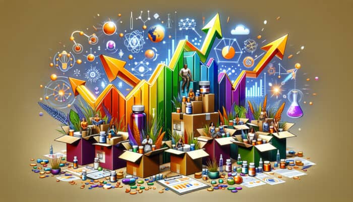 Colorful subscription boxes overflowing with health supplements, surrounded by upward-trending graphs and smiling customers, symbolising market growth.