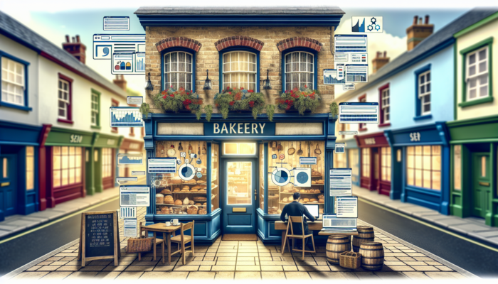 A business owner in a Chipping Sodbury bakery analyzes "artisan bread" keywords on SEMrush, surrounded by data charts and seasonal trends.