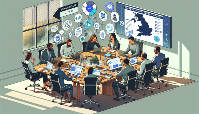 In a modern Kingswood office, web experts and business owners collaborate on website planning with laptops, digital sketches, payment icons, and Gloucestershire maps.