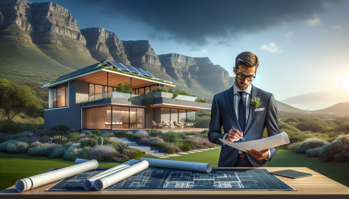 A real estate expert reviews renovation blueprints outside a sleek South African home with solar panels and lush gardens, near Table Mountain.