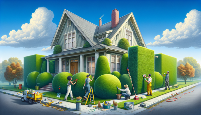 A well-maintained mid-level home in George, featuring a gardener trimming hedges, a painter working on the exterior, and a plumber inspecting pipes under a clear sky.