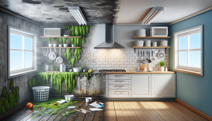 South African kitchen renovation: left side shows damp walls with green mould and foggy windows; right side features modern exhaust fans and bright, airy surfaces.
