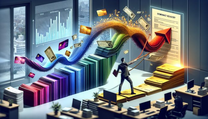 Does Debt Consolidation Impact Mortgage Offers? | DCL Professional in a modern UK bank office consolidates colourful debt bills and credit cards into a golden loan document with merging arrows and a downward interest graph.