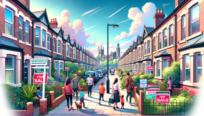 Vibrant Newcastle street with modest terraced houses for sale, young families exploring, lush parks, local shops, and a sunny sky.