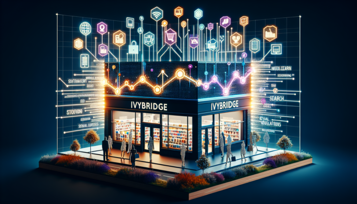 Modern e-commerce storefront in Ivybridge's digital landscape, featuring SEO, social media, interacting customers, ascending sales graphs, and UK regulations.