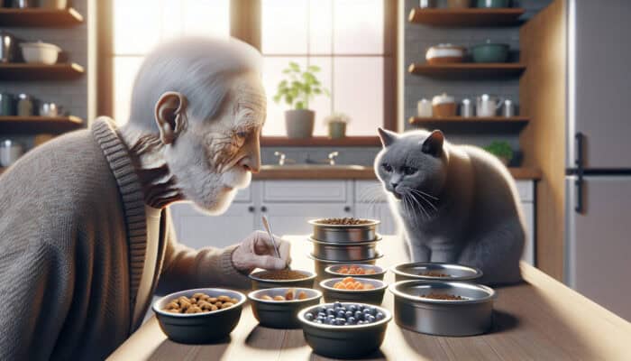 An elderly gray cat with wise eyes nibbling from multiple small bowls on a sunlit windowsill in a cozy kitchen.