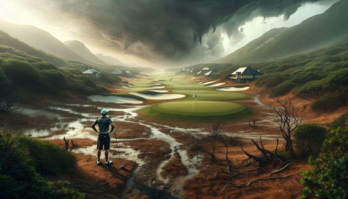 A novice golfer struggles on a stormy South African course with overgrown fairways, muddy paths, and inaccessible clubhouses.