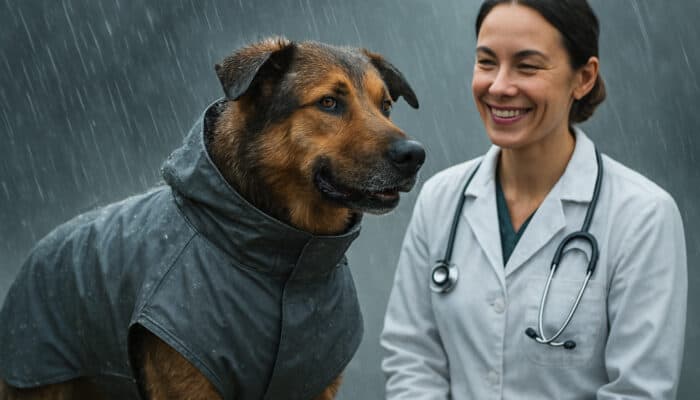 Rugged dog in waterproof jacket braving rain, with smiling veterinarian approval.